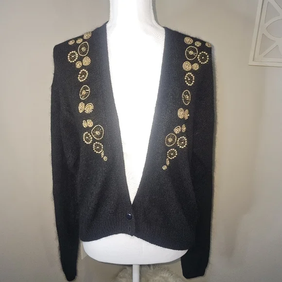 Vintage 1980s Cezanne Black Silk Angora Quiet Luxury Beaded Old Money Cardigan - Picture 3 of 16